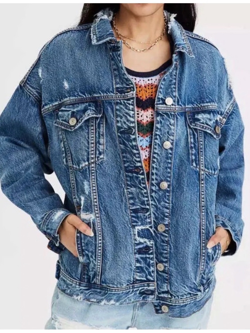 American Eagle, baggy, jean jacket Distressed Blue Denim Jacket